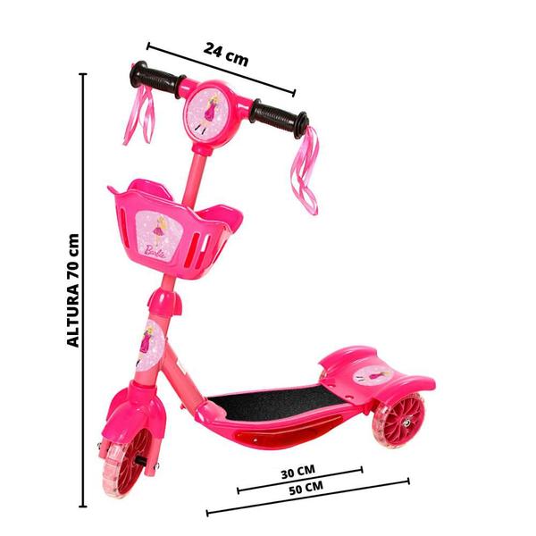 Imagem de Patinete Infantil Menina Barbie 3 Rodas Cestinha Luzes Led