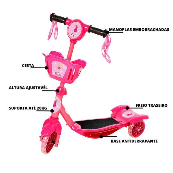 Imagem de Patinete Infantil Menina Barbie 3 Rodas Cestinha Luzes Led