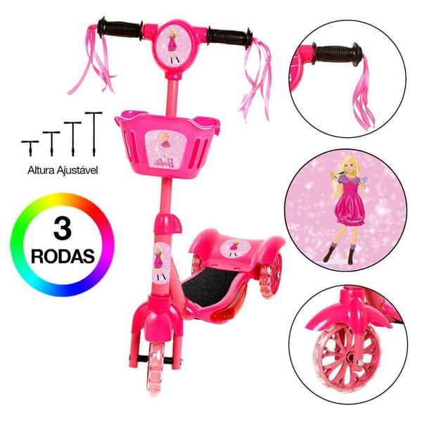 Imagem de Patinete Infantil Menina Barbie 3 Rodas Cestinha Luzes Led