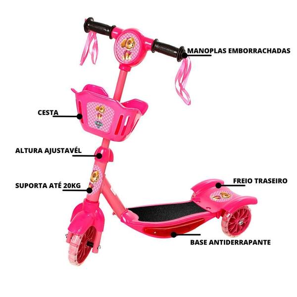 Imagem de Patinete Infantil Patrulha Canina Rosa 3 Rodas Luz E Som