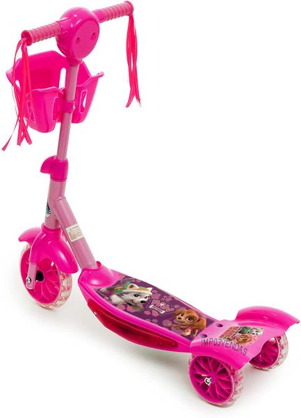 Imagem de Patinete Infantil Scooter Patrulha Canina Rosa Musical Cesta Luzes 3 Rodas