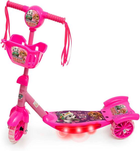 Imagem de Patinete Infantil Scooter Patrulha Canina Rosa Musical Cesta Luzes 3 Rodas