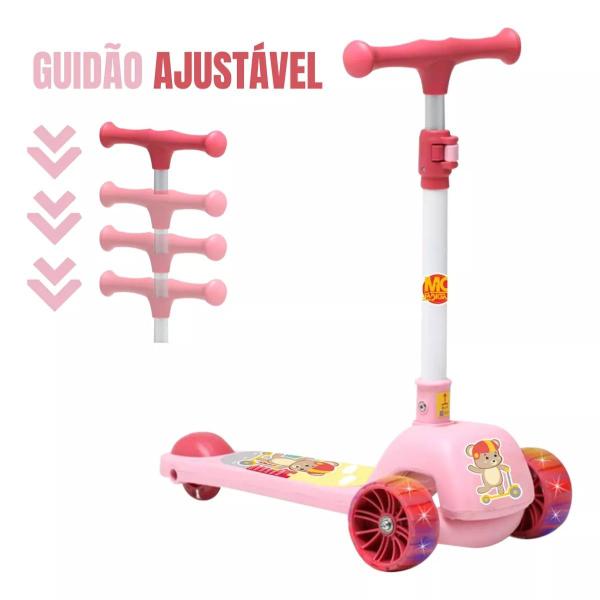 Imagem de Patinete Infantil Urso Rosa Dobravel Até 50kg Ajustavel Led