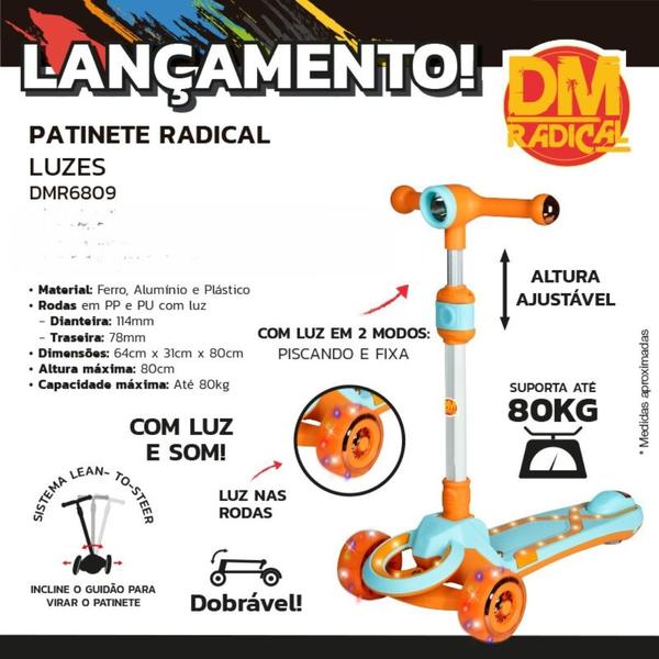 Imagem de Patinete Radical Infantil Dobrável 3 Rodas Com Luz Led e Som DM Toys DMR6809 Azul