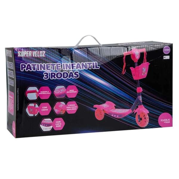 Imagem de Patinete Rosa 3 Rodas Com Cesto Som E Led Havan Toys - HBR0444