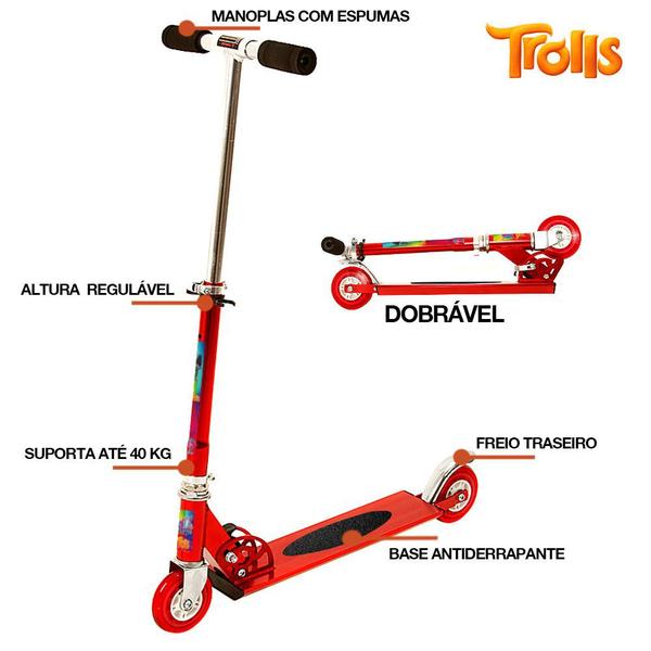 Imagem de Patinete Scooter Filme Trolls Infantil Vermelho de Alumínio