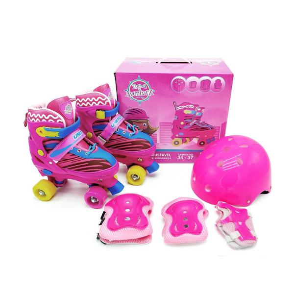 Imagem de Patins 4 Rodas Infantil com Kit de Proteção Rosa Ajustável 34 ao 37 Estilo Bota