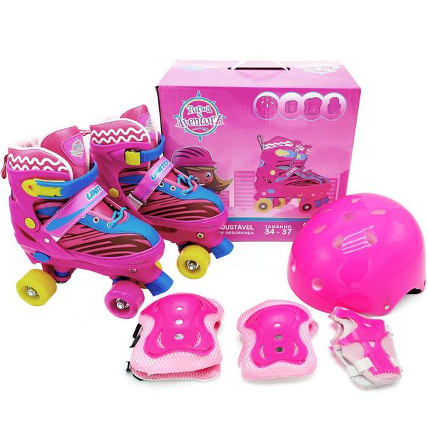 Imagem de Patins 4 Rodas Quad Infantil Ajustável + Kit Proteção Rosa