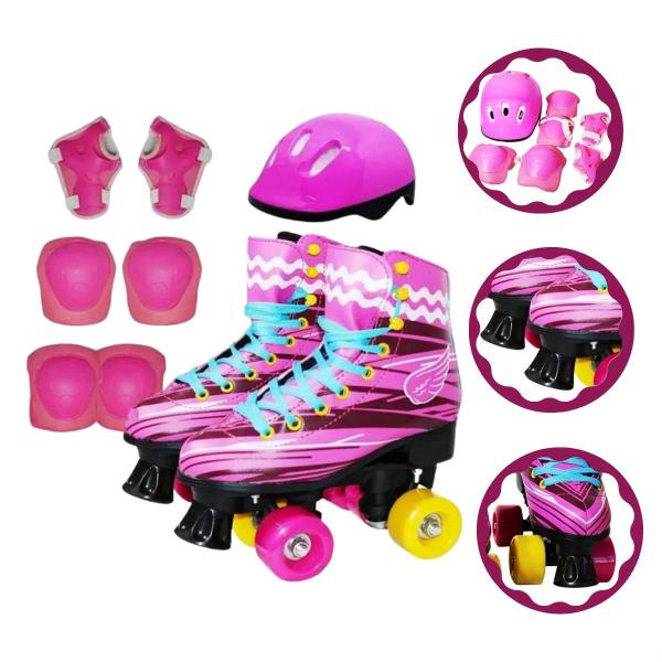 Imagem de Patins 4 Rodas Roller Classico Rosa Com Kit Protecao 38/39