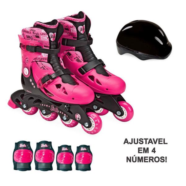 Imagem de Patins Ajustáveis com Kit de Segurança - 4 Rodas - Tamanho 37 a 40 - Rosa - Barbie - Fun