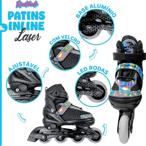 Imagem de Patins Infantil 4 Rodas Criança Menino Azul Unitoys Led Luz