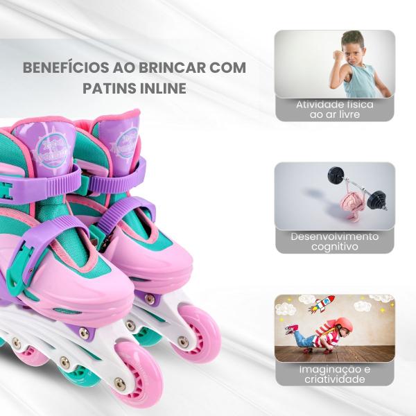 Imagem de Patins Infantil 4 Rodas Inline e Triline Tam 30 ao 33 + Kit de Proteção Infantil 