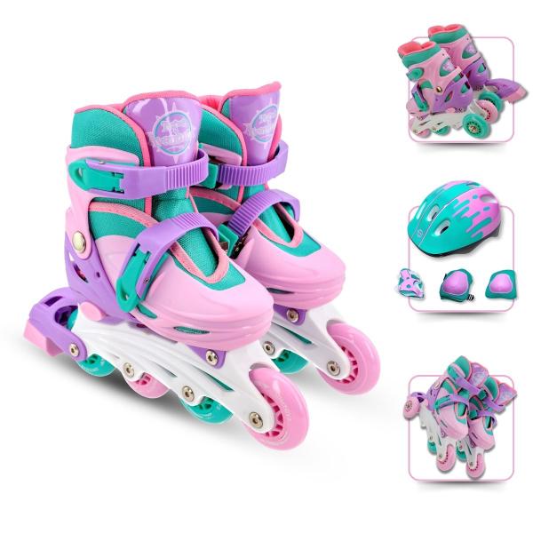 Imagem de Patins Infantil 4 Rodas Inline e Triline Tam 30 ao 33 + Kit de Proteção Infantil 