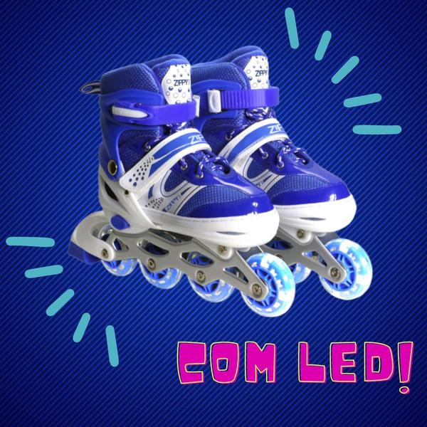 Imagem de Patins Infantil Menino Azul Zippy Barato Kit Proteção Led