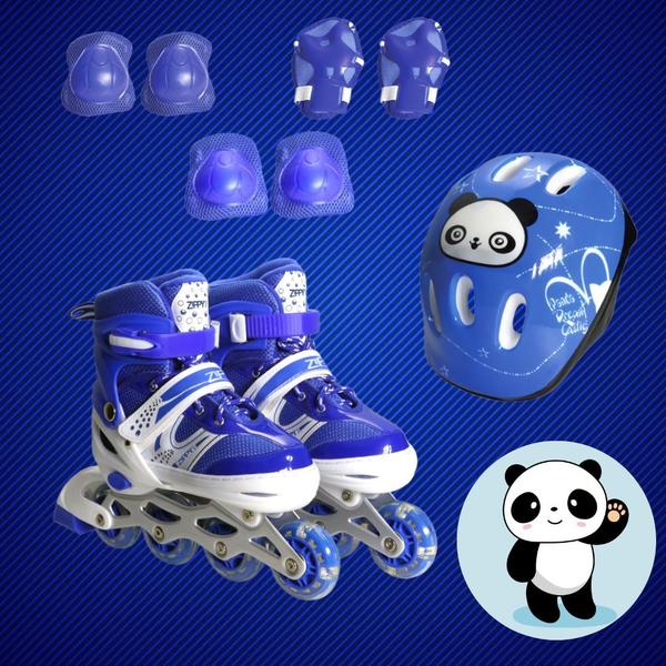 Imagem de Patins Infantil Menino Azul Zippy Barato Kit Proteção Led