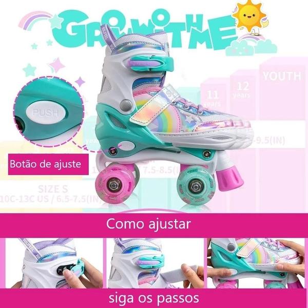 Imagem de Patins Infantil Quad Ajustável+ Kit Proteção Rodas Led