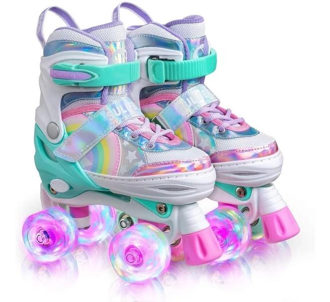 Imagem de Patins Infantil Quad Ajustável+ Kit Proteção Rodas Led