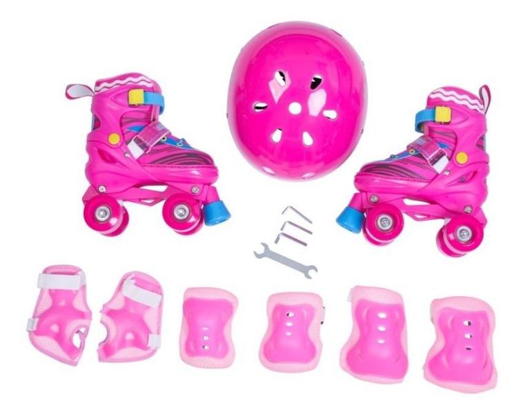 Imagem de Patins Infantil Quad Roller Tamanho Ajustável 34 ao 37 + Kit de Proteção com Capacete