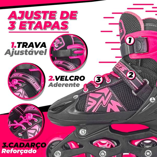 Imagem de Patins Infantil Roller Cor Rosa Com Freio E Ajuste De 4 Numeros até 60kg  - Unitoys