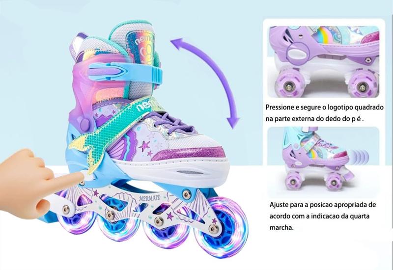 Imagem de Patins Infantil Roller Inline Roxo Sereia Ajustável Com Luz De Led Criança  Menor Preço