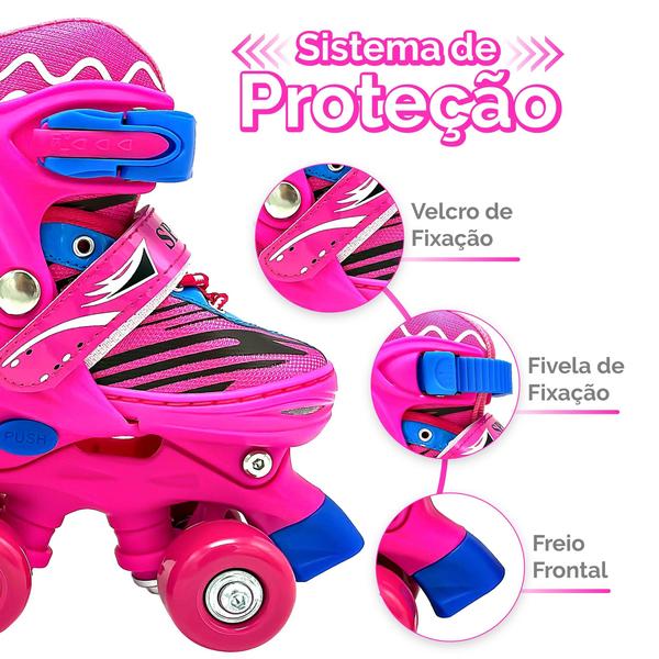 Imagem de Patins Infantil Roller Quad 4 Rodas Ajustável + Kit Proteção