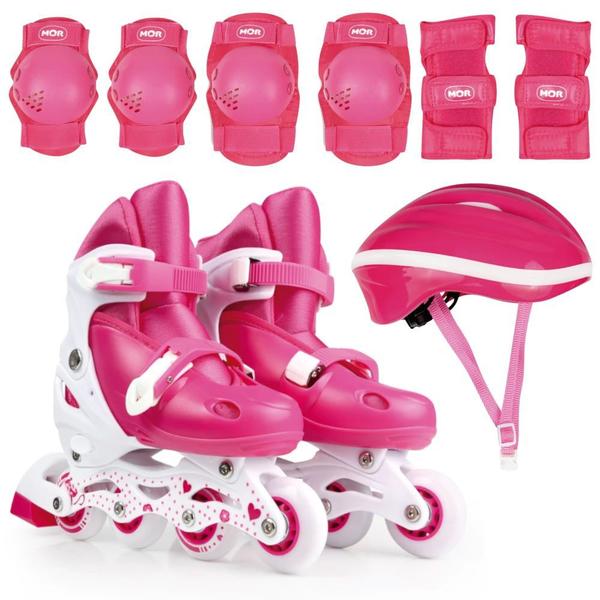 Imagem de Patins Infantil Roller Regulavel 34/37 com Joelheiras, Cotoveleiras, Capacete Rosa  Mor 