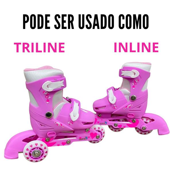 Imagem de Patins Infantil Tri Line 3 Rodas Rosa 2 EM 1 Ajustável P 31 ao 34 Com Kit Proteção Capacete Joelheira Cotoveleira Proteção Mãos