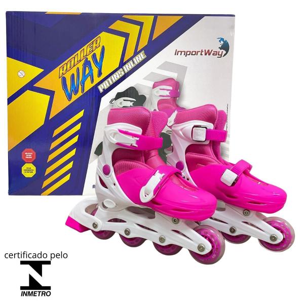 Imagem de Patins inline infantil kit proteção rosa ajustável P 31-34