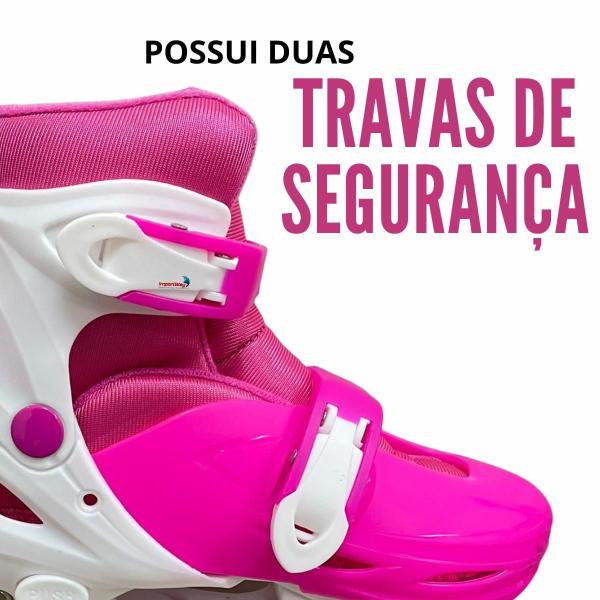 Imagem de Patins inline infantil kit proteção rosa ajustável P 31-34