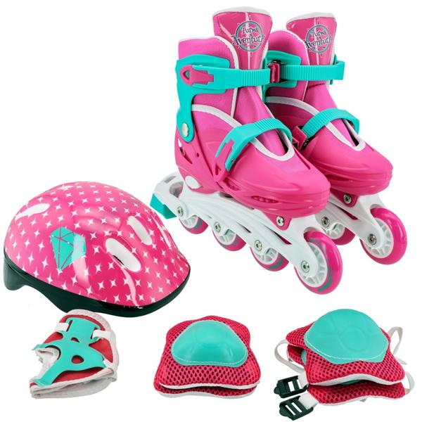 Imagem de Patins Inline Infantil Tamanho Ajustável Rosa + Kit Proteção