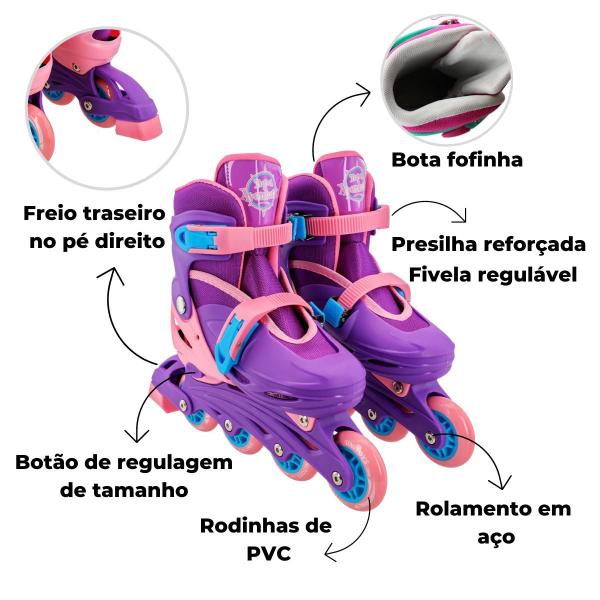 Imagem de Patins Inline Roller Roxo Kit Proteção Ajustavel 34-37