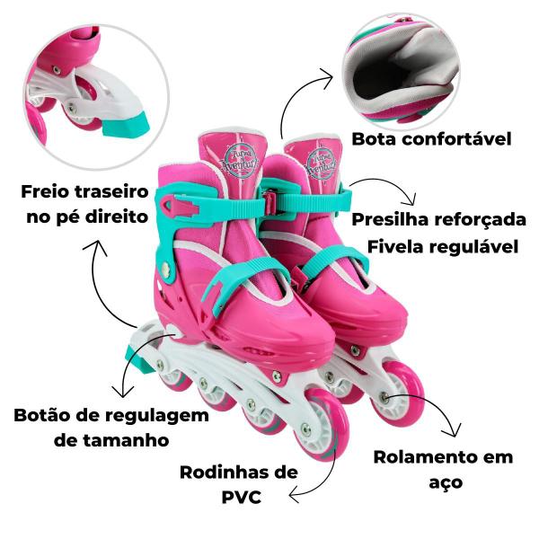 Imagem de Patins Inline Rosa Menina Ajustável 34-37  Kit de Proteção