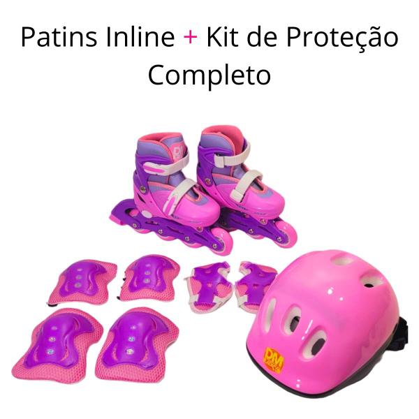 Imagem de Patins Inline Tradicional Com Freio Infantil Ajustável Com Kit De Proteção Completo Com Ajustes 