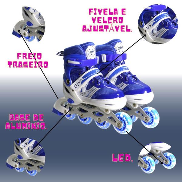 Imagem de Patins Led Zippy Azul Kit Proteção Infantil Menino Barato