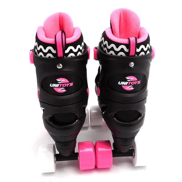 Imagem de Patins Quad com Kit de Proteção Preto/Pink Tam 30 ao 33 Uni Toys Capacete Joelheira Cotovelos Freios Traseiros