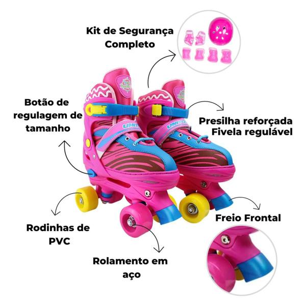 Imagem de Patins Quad Infantil Menina Ajustável 34 a 37 Kit Proteção