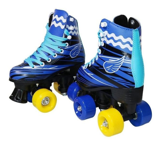 Imagem de Patins Roller 4 Rodas Clássico Com Kit De Proteção Capacete Azul Tamanho 30 e 31