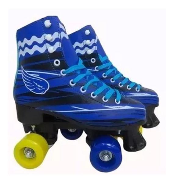 Imagem de Patins Roller 4 Rodas Clássico Com Kit De Proteção Capacete Azul Tamanho 30 e 31