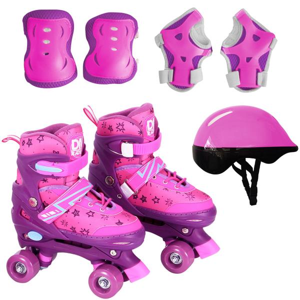 Imagem de Patins Roller Ajustável Rosa Com Cadarço Acessórios - Dm Toys