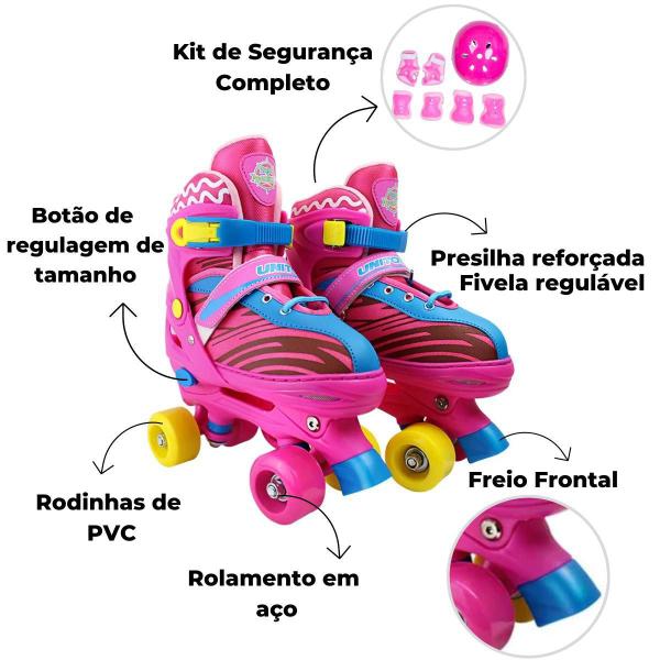 Imagem de Patins Roller Infantil 34 ao 37 Rosa com Kit de Proteção - Unitoys