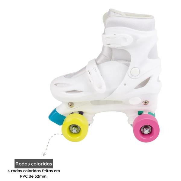 Imagem de Patins Roller Infantil E Adulto MOR 4 Rodas Tam 34 ao 37 Ajuste De Tamanho Branco Rodas Coloridas