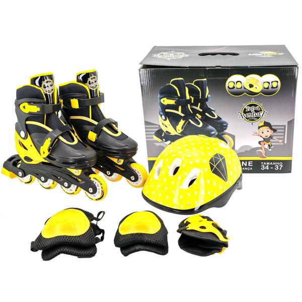 Imagem de Patins Roller Inline + Kit Proteção Ajustável 34-38 Amarelo