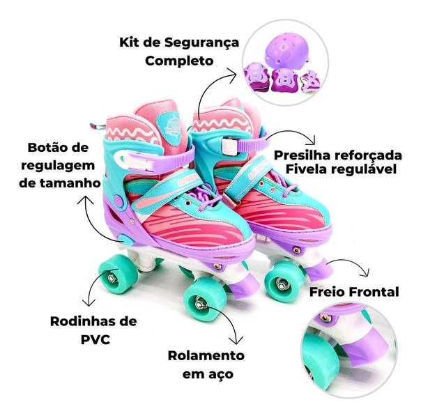 Imagem de Patins Roller Quad 4 Rodas Infantil 33-37 + Kit de Proteção.