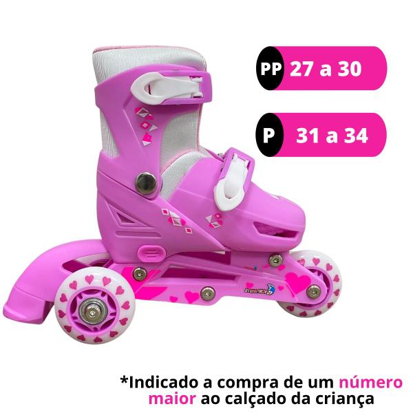 Imagem de Patins triline 3 rodas infantil 2x1 kit proteção rosa 31-34