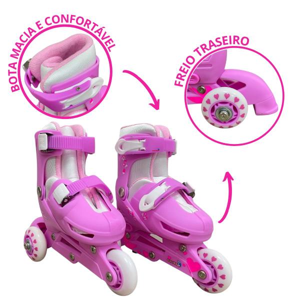 Imagem de Patins triline 3 rodas infantil 2x1 kit proteção rosa 31-34