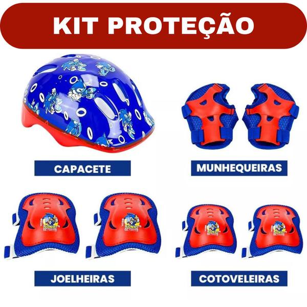 Imagem de Patins Triline Inline Infantil Sonic Kit de Proteção Completo Capacete Joelheira Tamanho 32 ao 35