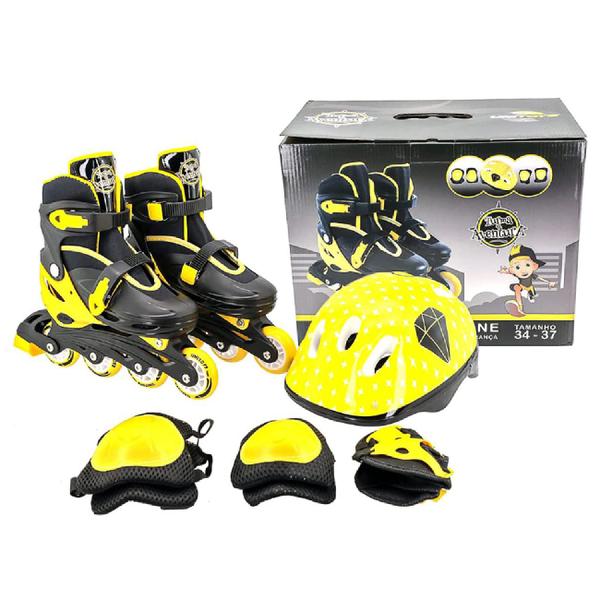 Imagem de Patins Unitoys Infantil Inline Kit Proteção Ajustável do 34 Ou 37 Amarelo