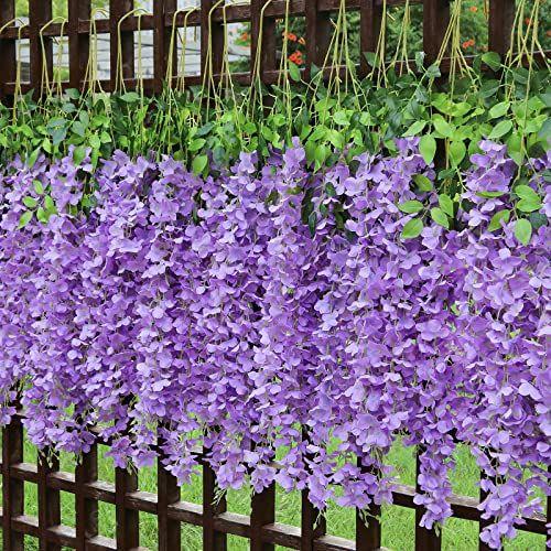 Imagem de Pauwer 24 Pack (86.6 FT) Artificial Wisteria Vine Ratta Fake Wisteria Hanging Garland Silk Long Hanging Bush Flowers String Wedding Party Decor (Roxo)