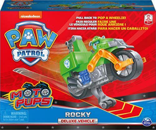 Imagem de Paw Patrol, Moto Pups Rocky's Deluxe Pull Back Motocicleta Veículo de motocicleta com característica e figura wheelie