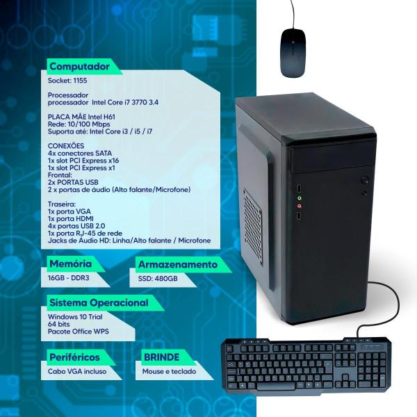 Imagem de Pc Computador Completo Intel Core I7 Memória 16gb SSD 480gb Fonte 200W Windows 10 Monitor 19" 